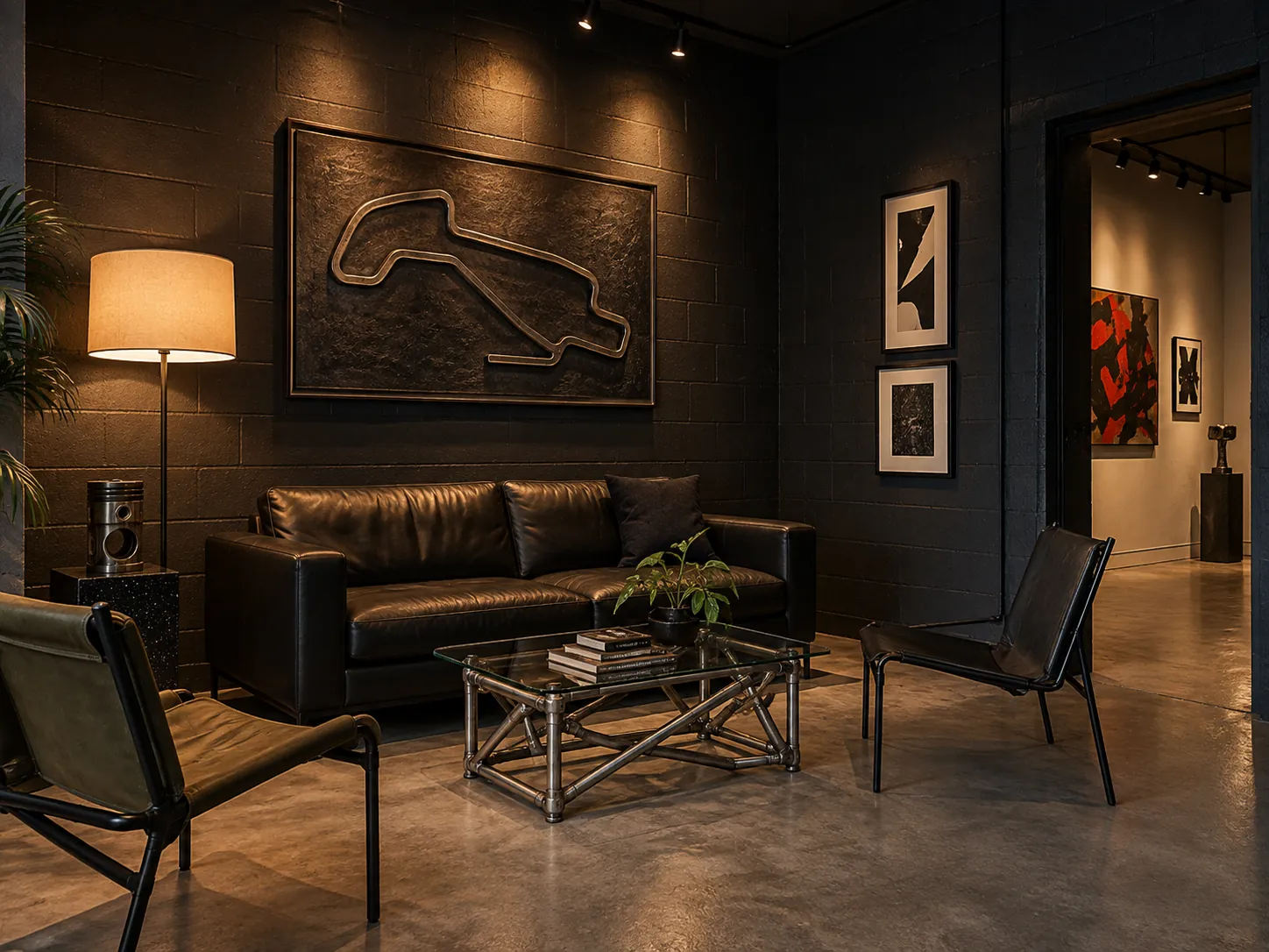 The CHICANE lounge concept: a leather sofa and chairs around a low table, a circuit relief on the wall. Concept rendering.