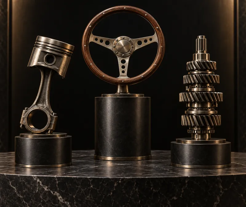 Podium Set concept: a piston, a steering wheel and a gear cluster on black cylindrical bases. Concept rendering.