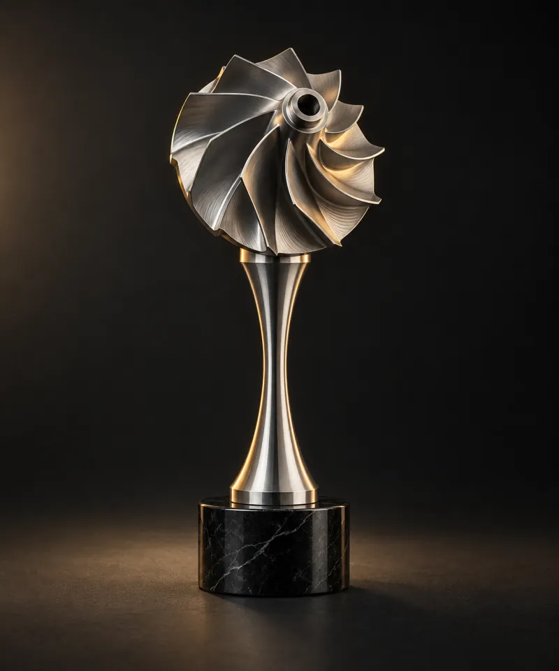 Turbine Award concept: a turbocharger compressor wheel on a polished stem and black base. Concept rendering.